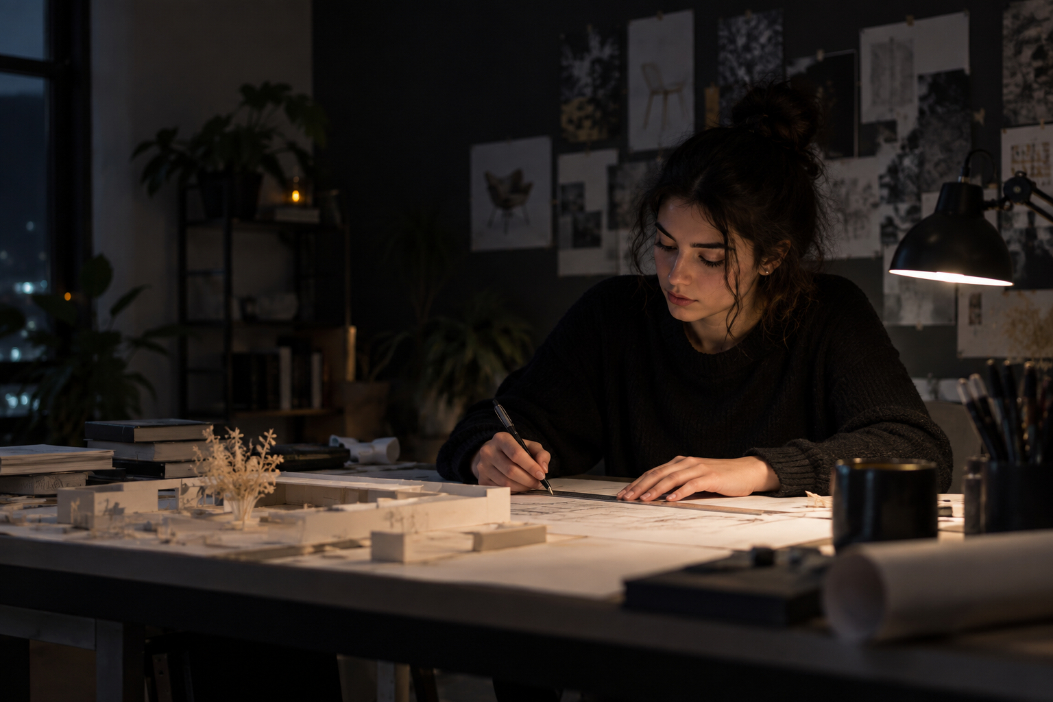 Gecə studiyasında tələbə portreti